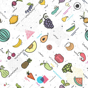 果蔬无缝图案孟菲斯风格, 素食套装, 夏日隔离色矢量图标