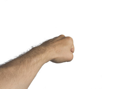 男性左手紧握拳头在白色背景上跳动的左直接踢.