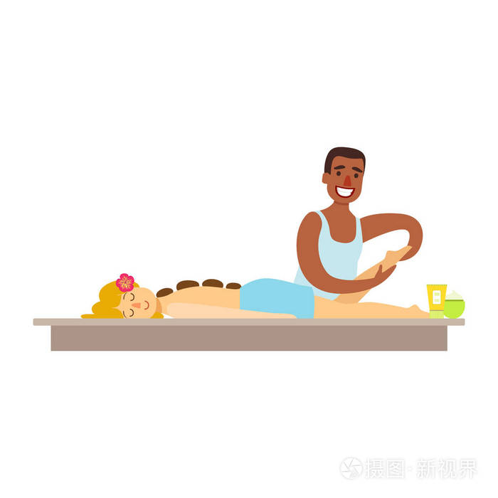 使用热的玄武石,石疗法按摩.丰富多彩的卡通人物