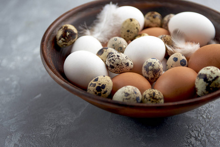 灰色背景下碗中有羽毛的鸡蛋