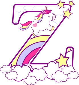 最初 z 与可爱的独角兽和彩虹。可用于婴儿出生通知苗圃装饰聚会主题或生日请柬。婴幼儿设计