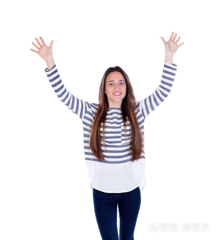 十几岁的女孩与双臂上举