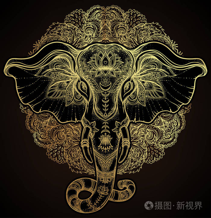 漂亮的手绘部落风格大象在曼荼罗.换