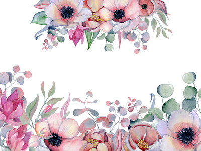 水彩花框手画 arrangemen 与牡丹花和莲花