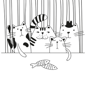 桌上有四只可爱的卡通猫.黑白矢量插图照片