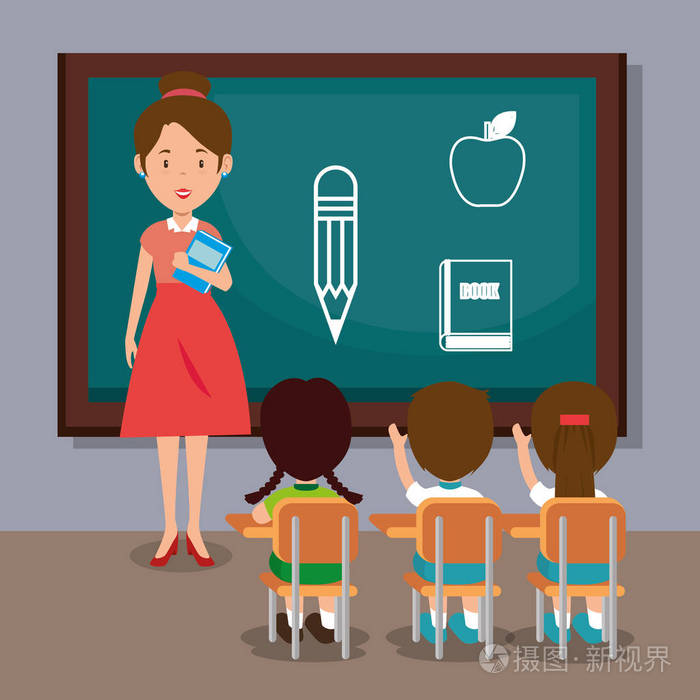 女教师与学生在课堂上的矢量插画设计