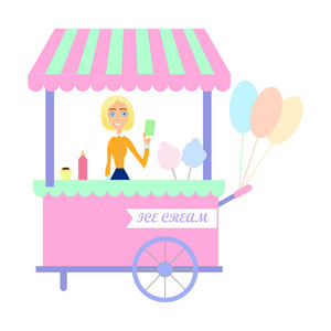 快餐冰淇淋车, 矢量卡通布景在白色背景下被隔离.街头卖冰淇淋照片