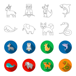 鲸鱼, 大象, 蛇, 狐狸。动物集合图标轮廓, 平面式矢量符号股票插画网站