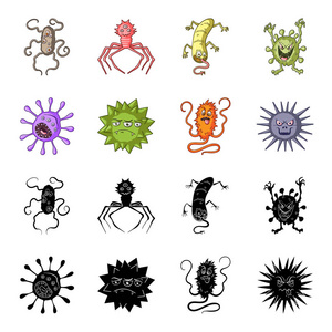 不同类型的微生物和病毒。病毒和细菌集合图标在黑色, 卡通风格矢量符号股票插画网站