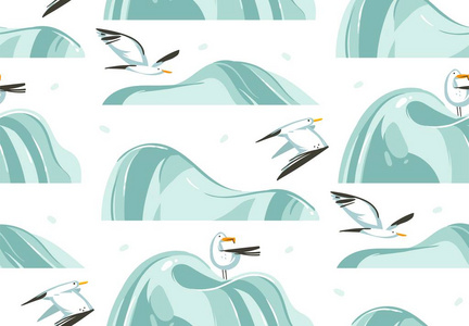 手绘矢量抽象卡通夏日时光图解插图艺术无缝图案与飞行海鸥鸟在海滩上被隔绝在白色背景上