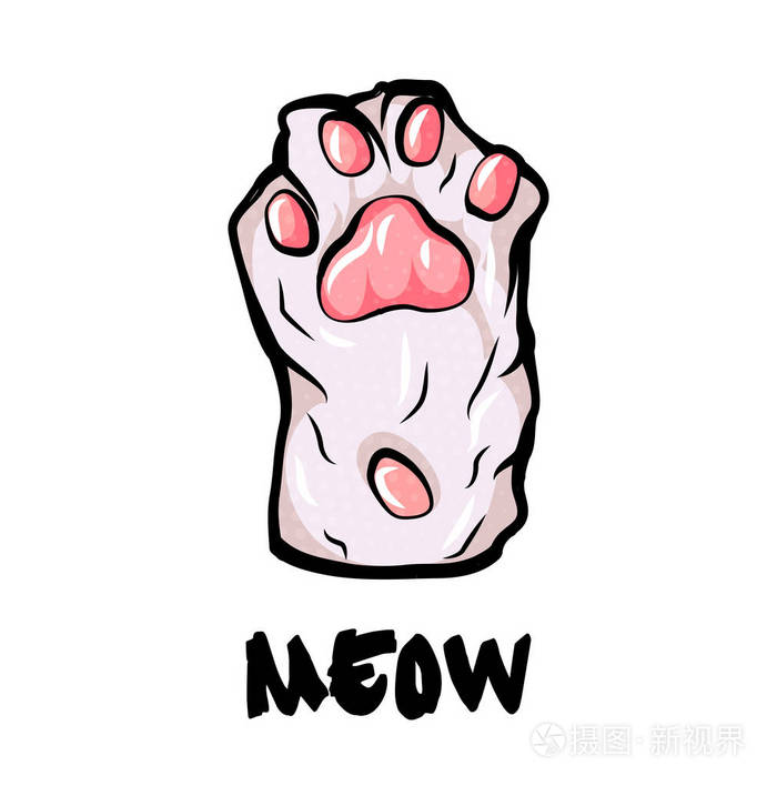 猫的爪子棕榈,孤立的白色背景上.简单的卡通波普艺术风格