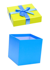 蓝色带黄色礼品盒, 带蓝色丝带隔离