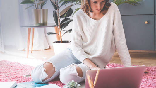 粉房子年轻漂亮的女同事在笔记本电脑上工作, 而坐在粉红色的地毯在