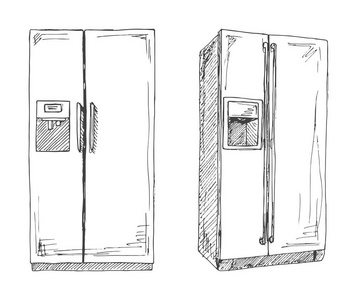 手绘冰箱设置隔离在白色背景上的冰箱.矢量图的素描样式照片