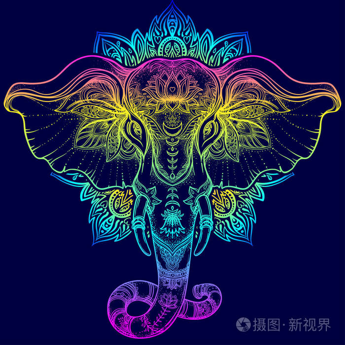 漂亮的手绘部落风格大象在曼荼罗.换