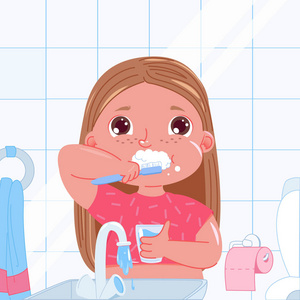 可爱的小女孩早上刷牙。日常生活。牙科卫生