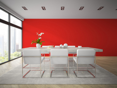 内部的现代餐厅与红墙 3d 渲染