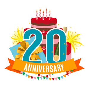 模板20周年祝贺, 贺卡与蛋糕, 礼品盒, 烟花和丝带邀请向量插图