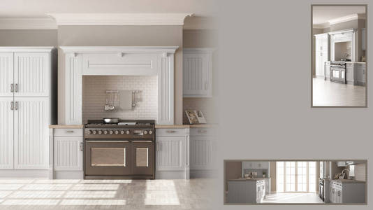 经典厨房展示与复制空间和细节特写, 建筑师室内设计师概念理念, 示例文本空间