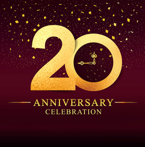 20年周年纪念庆祝标识。周年纪念标志与金黄在黑暗的粉红色背景, 媒介设计为邀请卡片, 贺卡