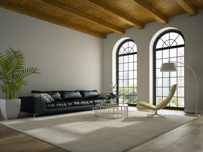 现代设计与黑色的沙发 3d 渲染的阁楼的内部