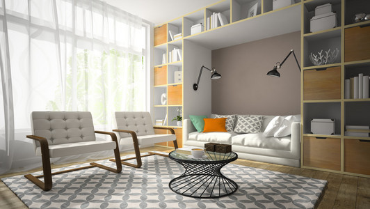 室内的现代设计室与两个白色扶手椅 3d 渲染