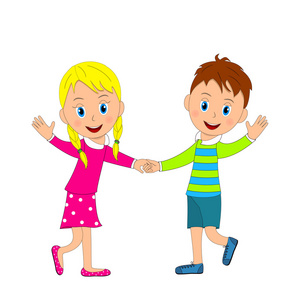 男孩女孩手牵手可爱的男孩和女孩微笑着,手牵手,挥舞着照片