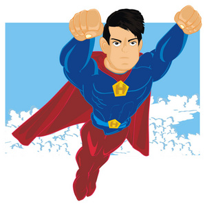 卡通英雄人物微笑的超级英雄与他的影子飞翔快乐的超级英雄飞翔并持有