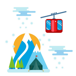 滑雪者坐在滑雪缆车和电梯电梯冬季体育度假村滑雪人休息起重跳矢量图山
