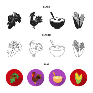 橡子玉米 arthene 酱, 节日火鸡, 加拿大感恩节集合图标黑色, 平面, 轮廓样式矢量符号股票插画网站