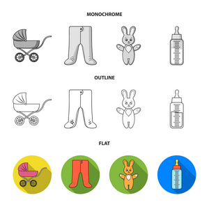 婴儿推车, 带奶嘴的瓶子, 玩具, 滑块。婴儿出生集合图标在平面, 轮廓, 单色风格矢量符号股票插画网站