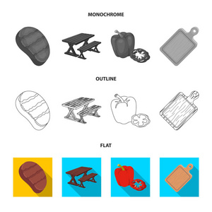 煎牛排, 桌上放一张休闲椅, 甜椒, 切板。烧烤集图标在平面, 轮廓, 单色风格矢量符号股票插画网站