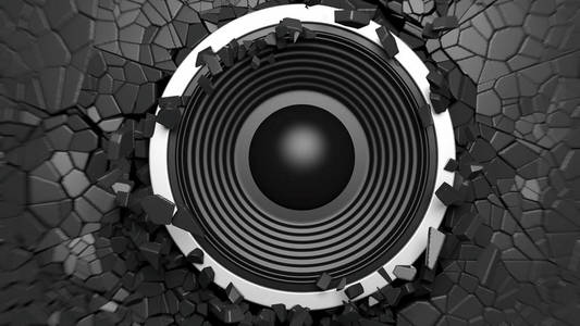 音乐概念.黑色的声音扬声器黑色开裂的墙壁背景.3d 插图照片