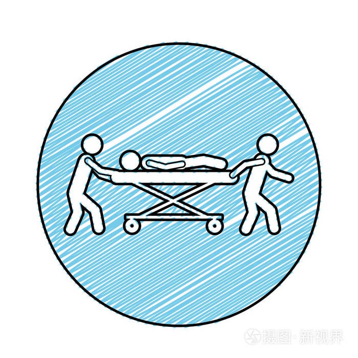 彩色铅笔绘制圆形框架与象形医护人员与病人在担架