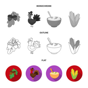 橡子玉米 arthene 酱, 节日火鸡, 加拿大感恩节集合图标在平面, 轮廓, 单色样式矢量符号股票插画网站