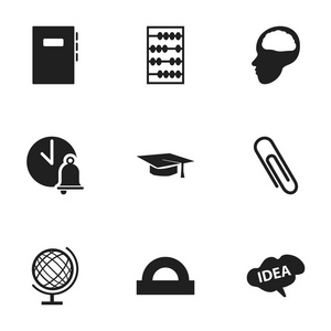 9 可编辑大学图标集。包括学校铃声 工作簿 毕业帽子等符号。可用于 Web 移动 Ui 和数据图表设计
