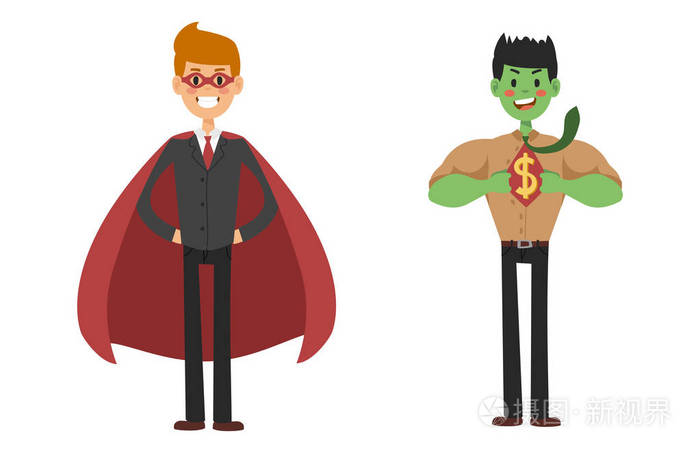 超级英雄业务人矢量图设置字符成功卡通权力概念商人坚强的人的剪影