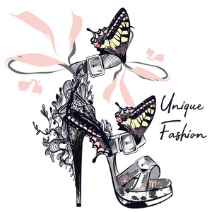 用蝴蝶装饰的时尚女性鞋的时尚矢量插画
