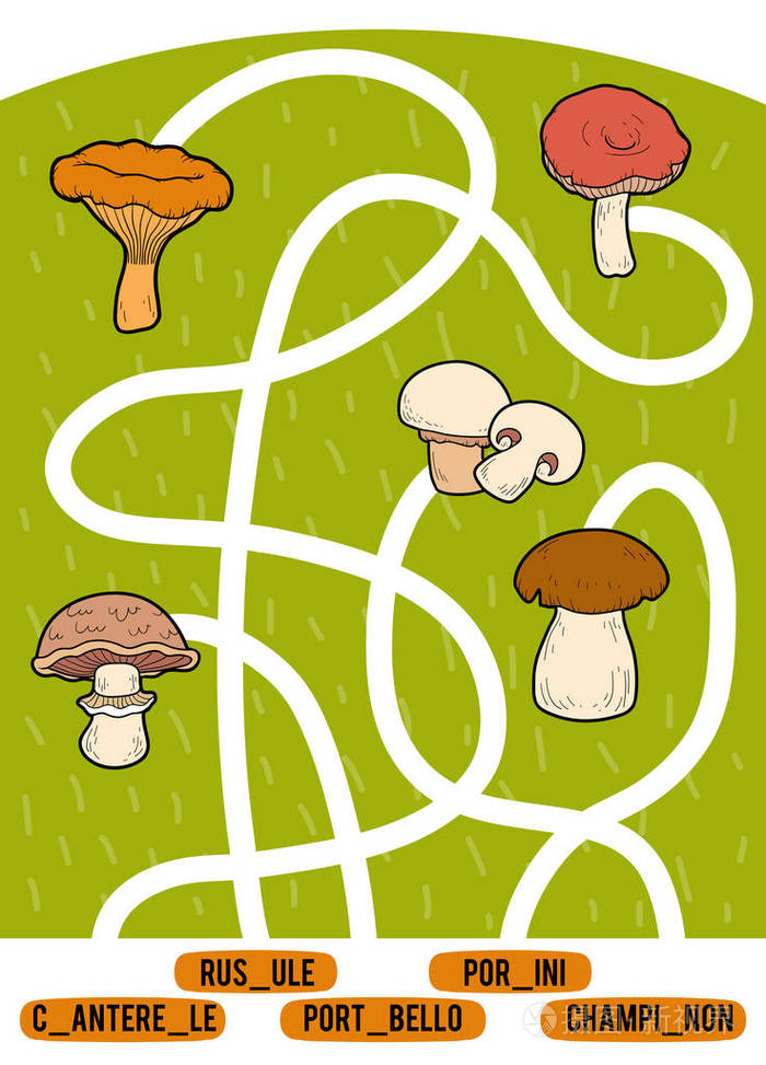 儿童迷宫游戏.找到从图片到它的标题的方式, 并添加丢失的字母.蘑菇套