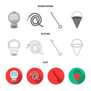 防毒面具, 软管, 水桶, bagore。消防部门集合图标在平面, 轮廓, 单色风格矢量符号股票插画网站