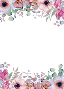 水彩花框手画 arrangemen 与牡丹花和莲花