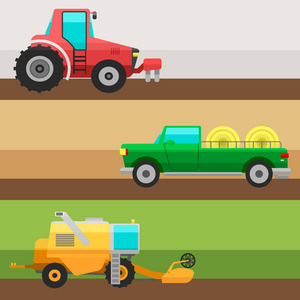 农用运输车卡收割机机结合和挖掘机图标集与配件犁地割草，种植和收获矢量图