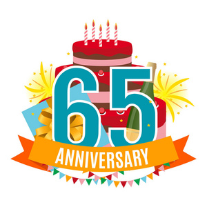 模板65周年祝贺, 贺卡与蛋糕, 礼品盒, 烟花和丝带邀请向量插图
