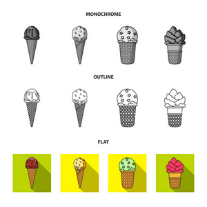 冰淇淋在棍子上, 在一个华夫饼锥和其他种类。冰淇淋集合图标在平面, 轮廓, 单色风格矢量符号股票插画网站