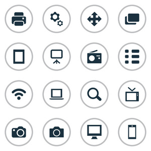 矢量图组的简单技术图标。元素调谐器 摄像机 日程安排和其他同义词设备，无线电和移动