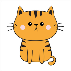 线性橙红哀伤的头面孔剪影。轮廓线。可爱的卡通坐在小猫的性格。可爱动物。有趣的小猫咪。爱卡。平面设计。白色背景隔离。向量