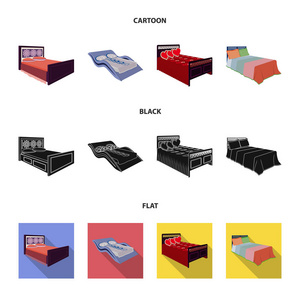 不同的床卡通, 黑色, 平面图标集合为设计。睡眠矢量等距符号股票 web 插图的家具