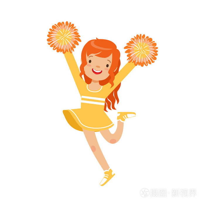 可爱的小红色头发女孩跳舞与黄色彩色绒球.姹紫嫣红的卡通人物矢量图