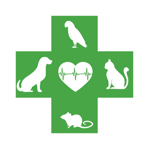 兽医蓝色十字架的标志与动物在白色背景下照片