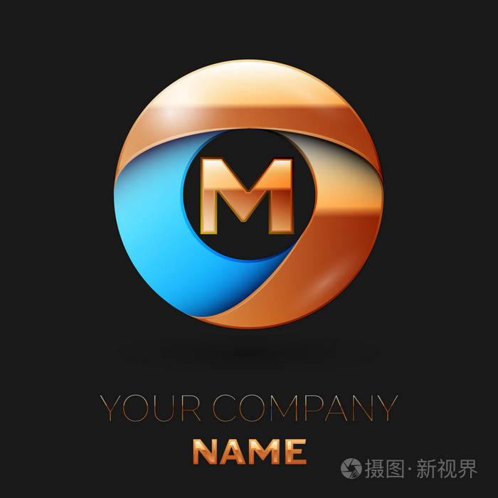 逼真的金色字母m标志符号在彩色的金色蓝色圆圈形状上黑色背景用于
